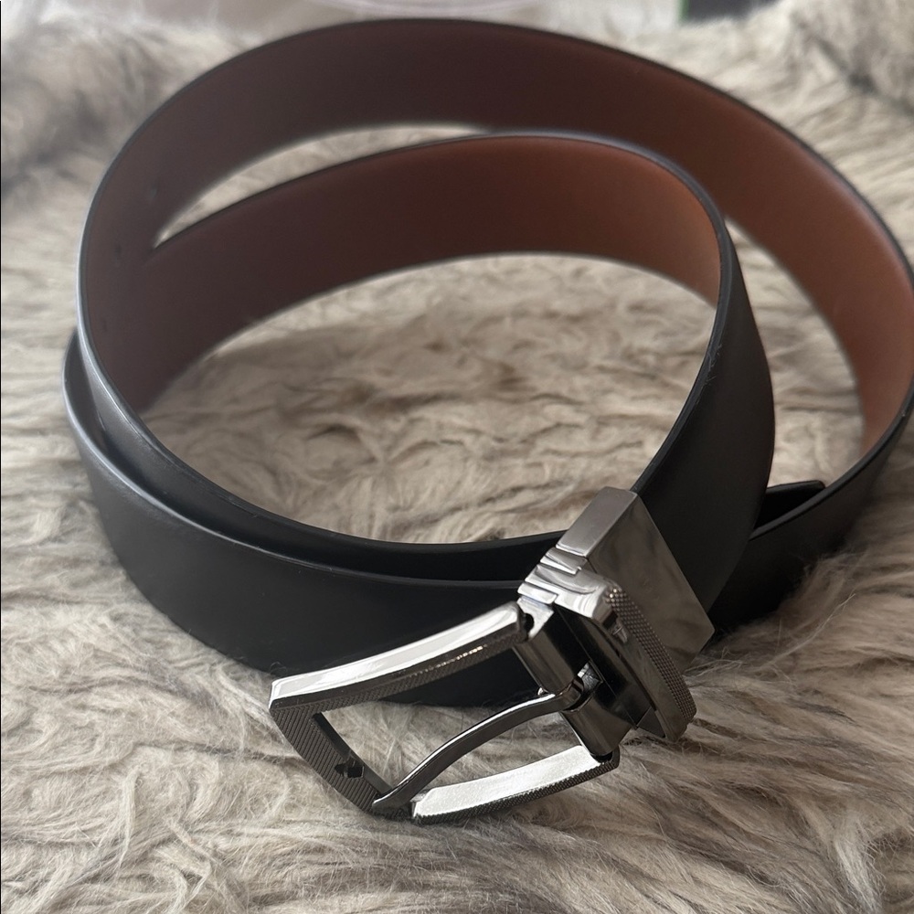 Black To Brown Reversible Faux Leather Belt with Polished Gunmetal Toned Buckle